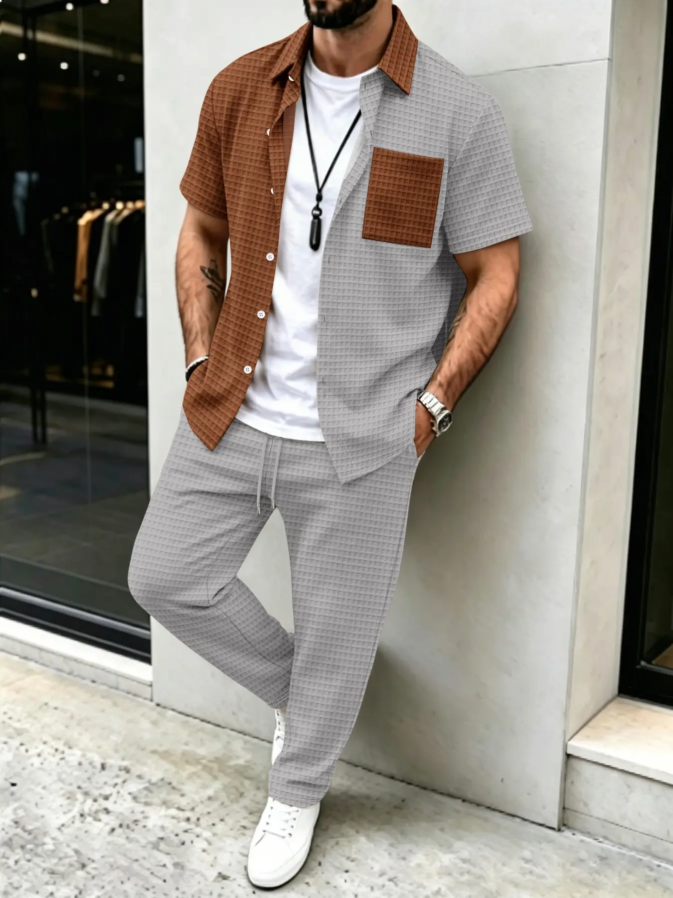 Mens Fashion Clothes - Heren casual set met effen wafelpatroon,